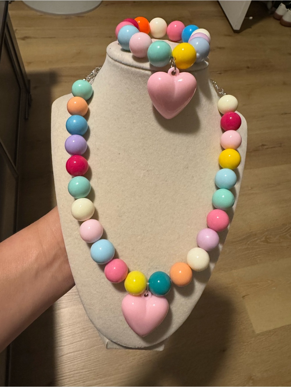 Kids Multicolor Bead Necklace and Bracelet Set with Pink Heart Charm